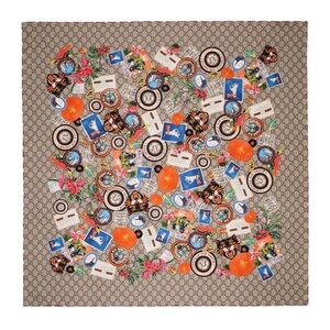 GUCCI Silk Scarf Courrier Stamp Trunk World Traveler Print 34” Square VERY RARE
